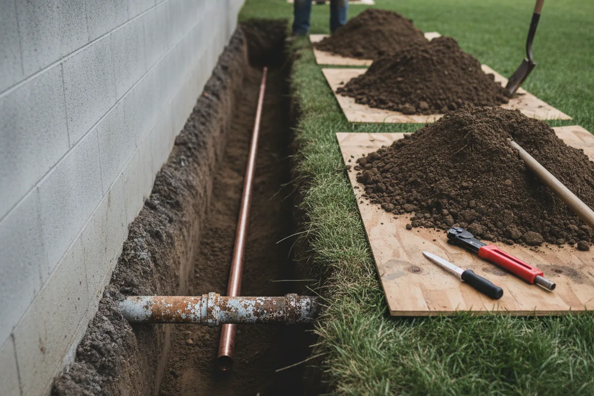 Excavated water line trench during Sewer Line Repair in Mendota